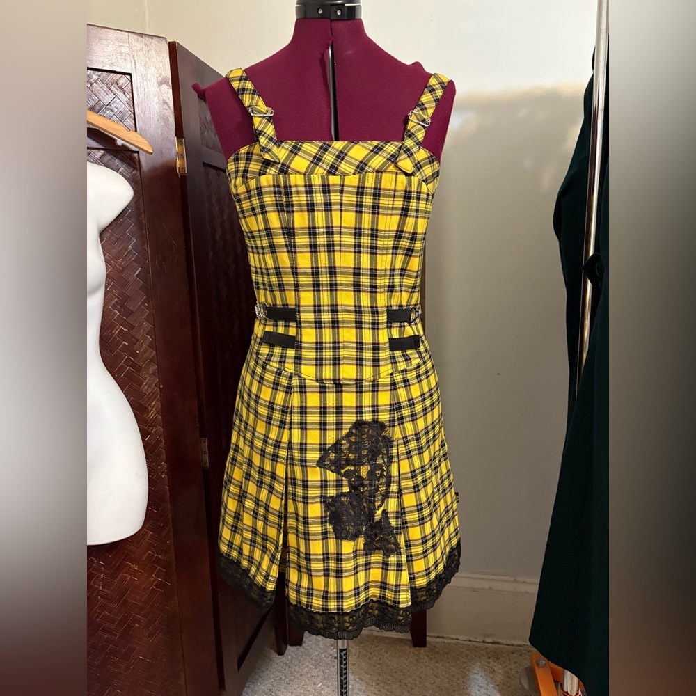 Tripp nyc yellow plaid mini dress handcuff punk goth clueless party dress club